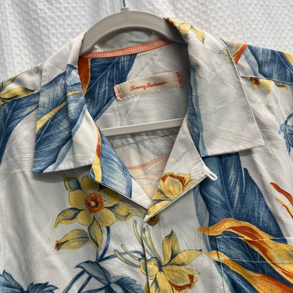 Tommy Bahama Mens XL Silk Tropical Bird of Paradise Floral Camp Shirt Cream